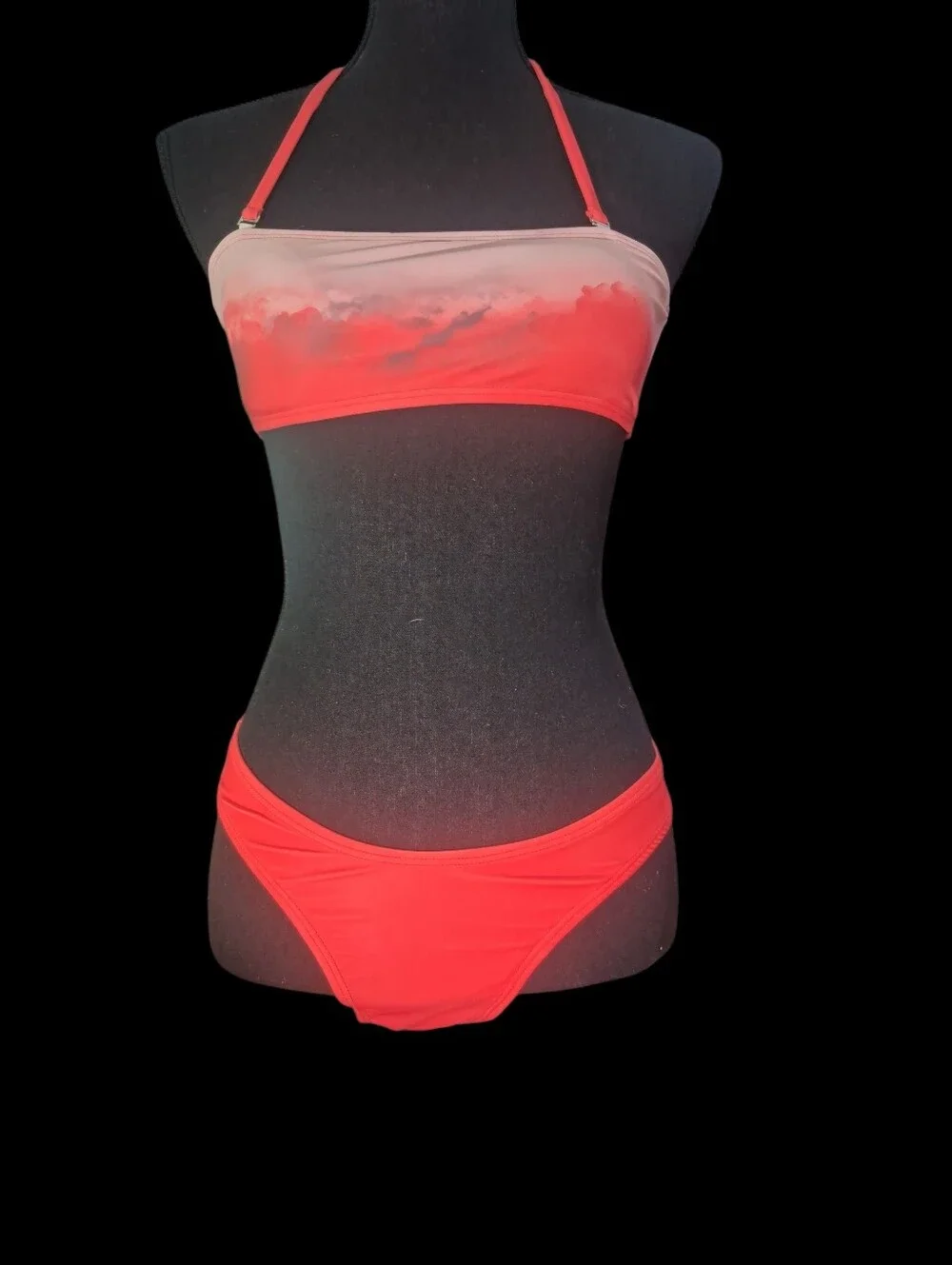 Coral Pink Ombre Bandeau Bikini Halter Top High Cut Cheeky Two Piece Swimsuit M